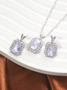 1 Set Square Shaped Zirconia Decorated Copper Earrings And Necklace Suit, Suitable For All Year Round, Adding Luxurious And Refined Touch To Every Seasonal Look, Showcasing Personalized And Fashion