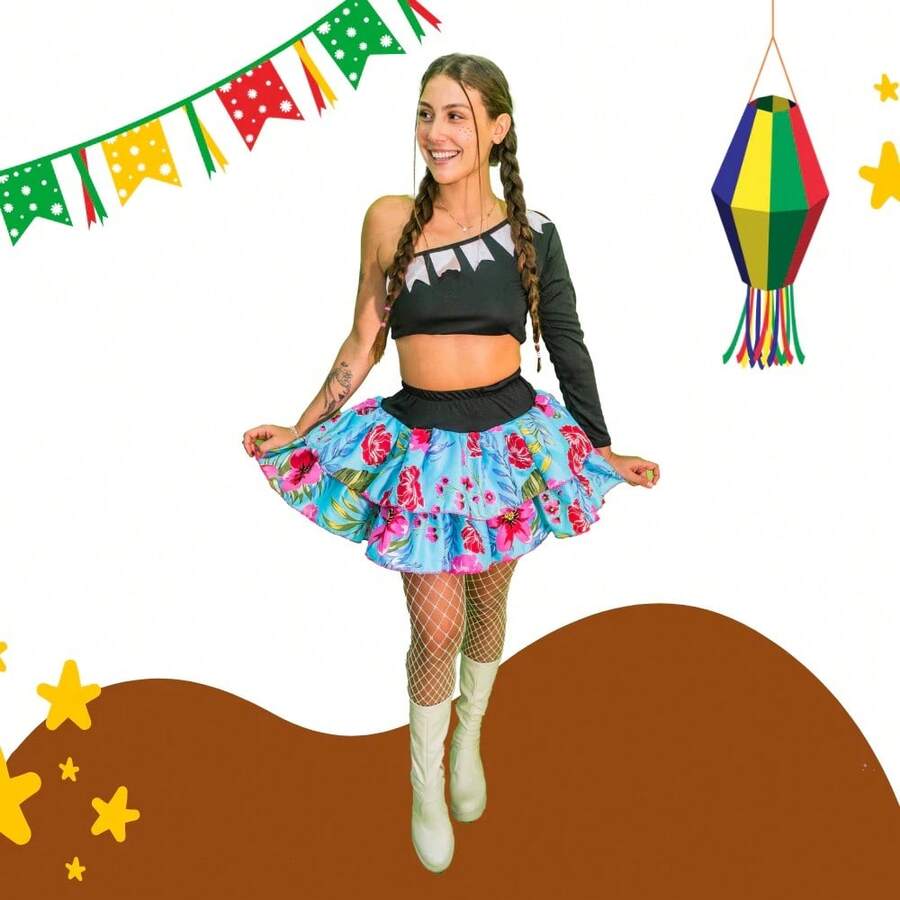 One Shoulder Skirt And Blouse Set With Caipira Flag For Women, June Festival, Sao Joao, Quadrilha Caipira - 紅色 - 查看 1