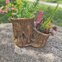 1pc Vintage Cement Tree Stump Planter - Rustic Style Design For Succulent & Green Plants, Indoor/Outdoor Decor Pot With Drainage Hole - Multicolor - View 11