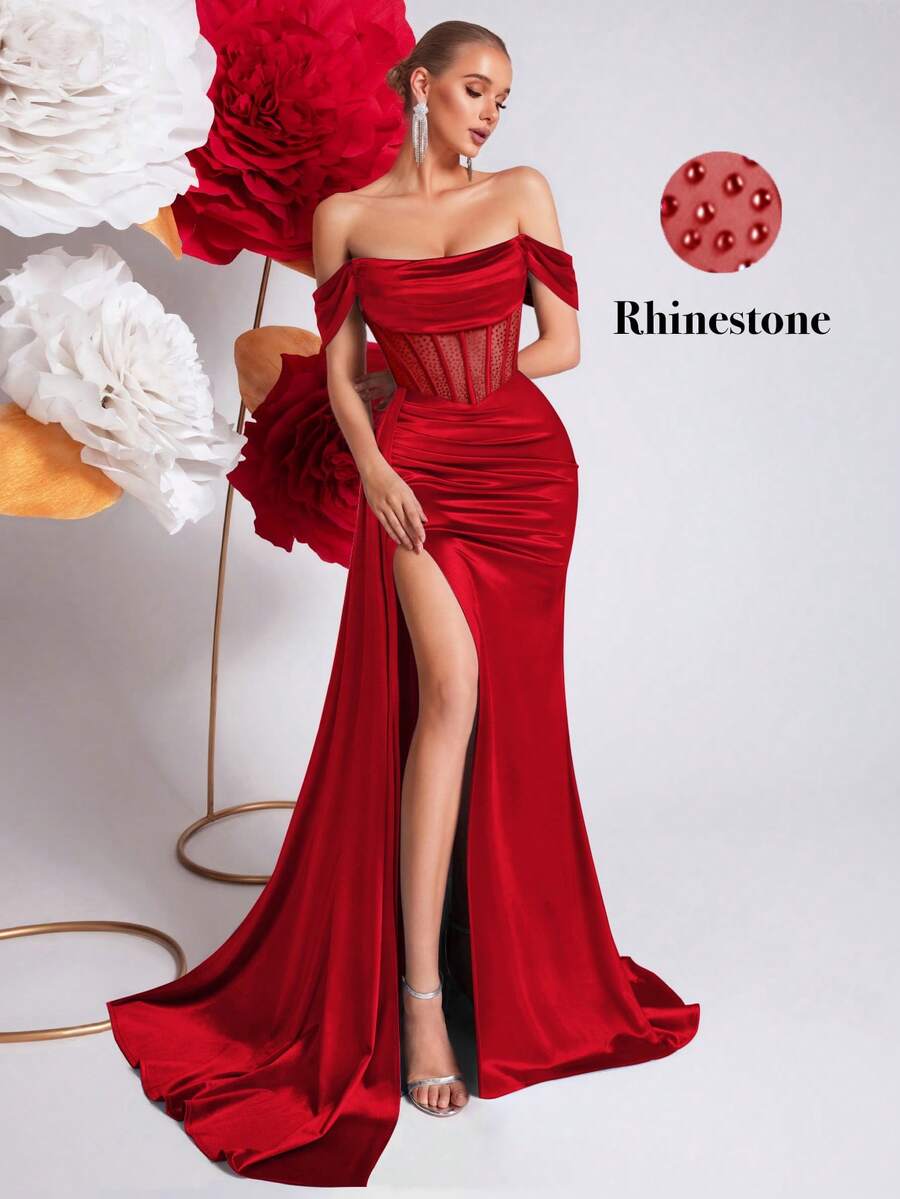 ADYCE Đầm dạ hội khoét vai, đầm maxi dài xòe rộng, eo cao, hở lưng, cổ yếm, đính đá lấp lánh, thắt lưng buộc eo, thích hợp cho các buổi tiệc, dạ hội và các dịp lễ kỷ niệm. - Đỏ - Xem 1