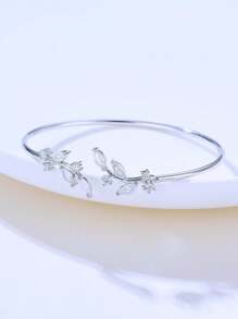 1pc Minimalist Metal Branch & Leaf Cubic Zirconia Inlaid Bangle Bracelet, Fashionable & Versatile Unique Women Jewelry