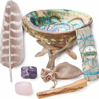 家庭清洁和熏香套装，包含鼠尾草、圣木、鲍鱼壳和支架、香羽和清洁指南，可作为家庭办公室装饰和节日礼物