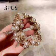3pcs Fashionable Hair Accessories Set: Elegant Pearls & Crystals Hair Scrunchies, Multi-Functional Hair Styling Decorations, Simple Rhinestone Ponytail Holders