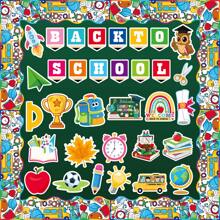 School Season Wall Stickers Cartoon Self-Adhesive Card School Bulletin Board Classroom Chalkboard Party Supplies Decorative Cutouts, A Set Of 53pcs Contains 37 Patterns + 16 Borders + 100 Grains Of Point Glue