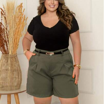 Short feminino alfaiataria com cinto social cintura alta plus size