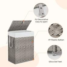 90-Litre Breathable, Sturdy, Hand-Woven PP Rattan Laundry Basket With Lid, Dividers And Handles, Foldable, Removable Lining, Available In Grey Or Yellow, Suitable For Bathroom Storage, Laundry Room Or Bedroom. - 灰色 - 查看 6