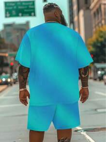 Conjunto de camiseta informal azul degradado y shorts de moda callejera de manga corta con estampado de letras y cordón, talla grande para hombre