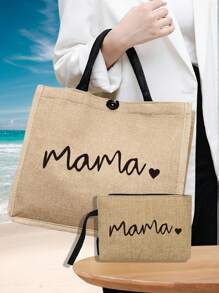 Mama "Love Letter Travel Bag, And A Make Up Bag With A Hand Rope,A Professional Makeup Artist Choose It To Solve The Problem Of Messy Cosmetics,Fashionable Letter Pattern Tote Bag, Large Capacity Shoulder Bag, Lightweight, Foldable, Portable Shopping Bag, Suitable For Weddings, Birthdays, Beaches, Holidays, Perfect Gift For Women, Mothers, Teachers, Friends, Bridesmaids, Big Bags, Students, And Back To School