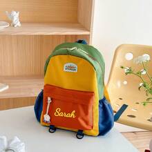 Custom Embroidery Colorblock Backpack With Personalized Name, Travel School Bag, Stylish Contrast Color Casual Daypack, Lightweight Backpack With Comfortable Shoulder Straps, For Daily, Commuting, Travel And Outings,Multi-Functional,Ornamental,Letter,Stylish,Modern,Colorful,Cute,Adorable,Casual,Custom,Personalised,Unique,Customized,Ideal Gifts For Him,Ideal Gifts For Her,Easy Comfort,Birthday Gift,Christmas Gift