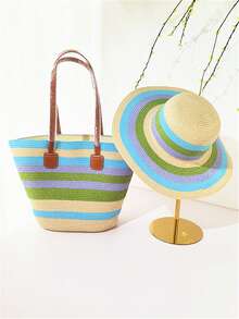 Set di cappello di paglia a tesa larga a righe colorate e borsa intrecciata in paglia, stile bohémien, cappello da spiaggia e borsa a tracolla, protezione UV, adatto per all'aperto, vacanze, spiaggia, uso quotidiano - Multicolore - Visualizzare 9
