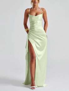 Elegant Sexy Satin Frill Trim Waist Party Dress, Bridesmaid Dress, Formal Gown - Green - View 4
