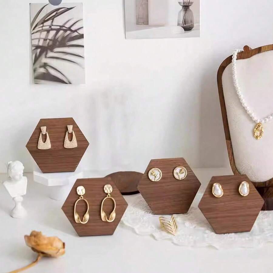 1pc Vintage Walnut Wood Jewelry Display Stand, Gift For Girlfriend, Earring Holder, Jewelry & Accessories Display, Photography Prop, Decorative Piece