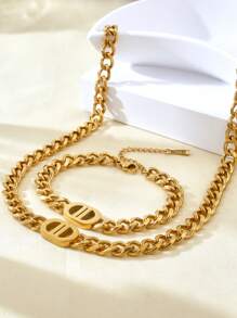 1pc/Set Hip Hop Punk 18K Gold Plated Stainless Steel CD Cuban Chain Necklace And Bracelet Jewelry Set, Suitable For Daily Wear And Parties, Accessories