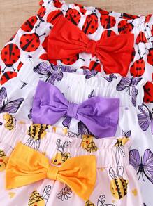 6pcs/Set Girls Casual "English Letter", "Bee", "Butterfly", "Ladybug" Printed Top & Matching With Bowknot, "Bee", "Butterfly", "Ladybug" All Over Print Random Cut Shorts Outdoor Suit, Spring/Summer