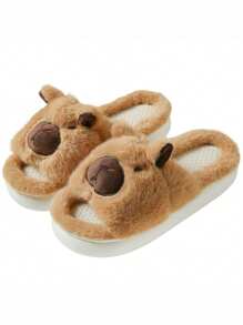1 par de pantuflas antideslizantes con suela plana y diseño de dibujos animados de lino, unisex, aptas para todas las estaciones