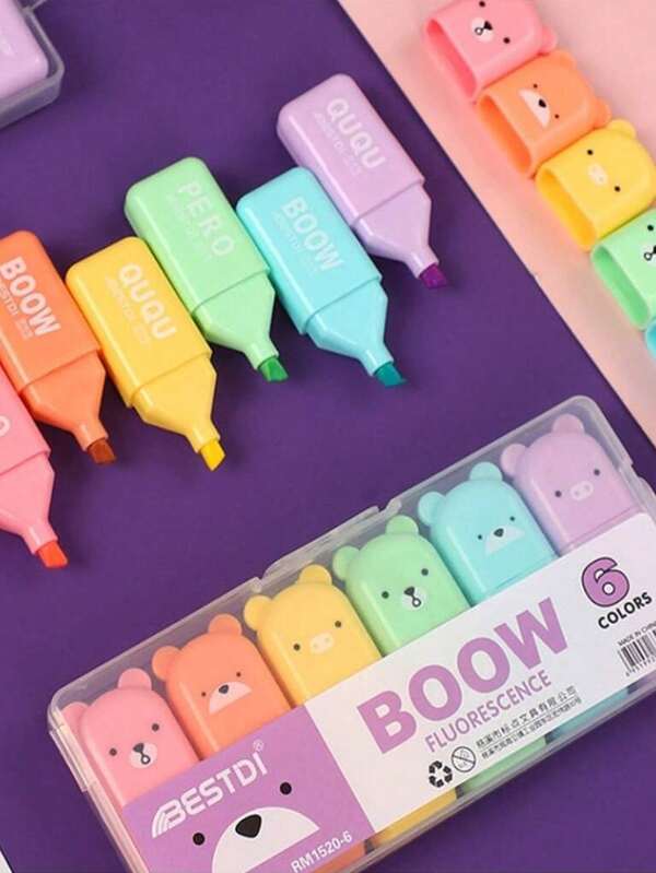 6 Colors Cute Mini Bear Style Fluorescent Pen Macaron Color Oblique Tip Marker School Office Stationery, Random Packaging(Plastic Boxes Or OPP Bags) School Supplies, Back To School