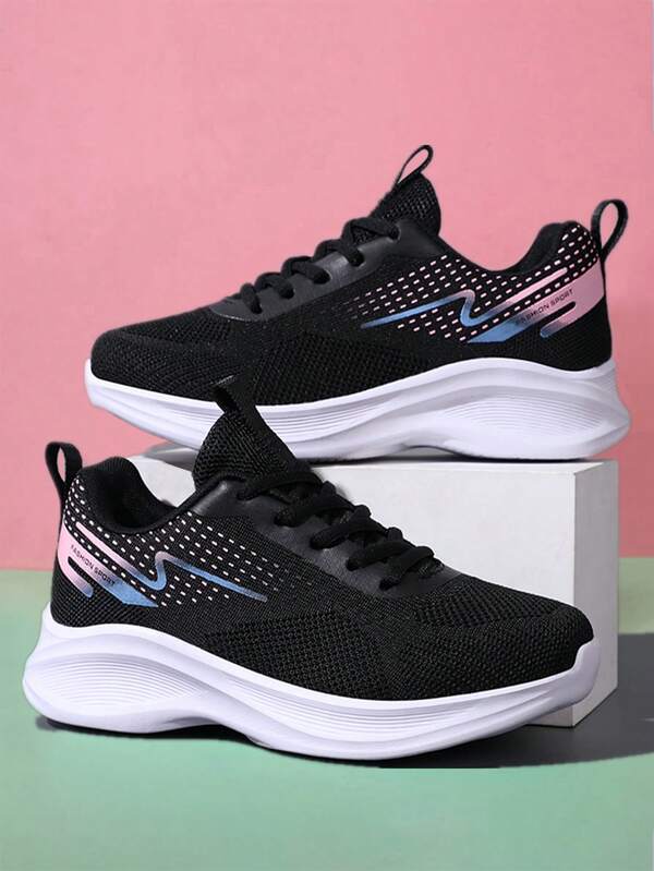 Damen sportliche Lässig Sneaker, neue Saison schwarze Laufschuhe, atmungsaktives Mesh Niedrigstiefel bequeme Schnürschuhe, flache Plateau-Sohle, geeignet für alle Jahreszeiten