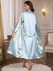 2 piezas Conjunto de ropa de dormir elegante y de alta gama con estampado floral y de hojas, bata larga con cintura anudada y vestido camisero suelto, cómodo y sexy pijama para usar en casa, ropa adecuada para otoño - verde menta - Ver 6