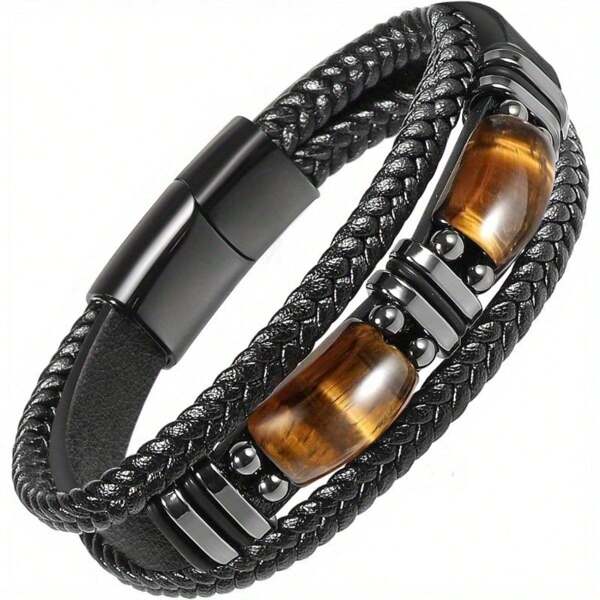 Men's Handcrafted Tiger Eye Black PU Leather Link Bracelet - Unique Accessory For Fashion-Conscious Guys With Masculine Style