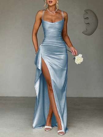 Vestido de fiesta elegante y sexy con volantes de satén en la cintura, vestido de dama de honor, vestido de gala