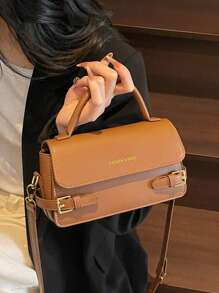 Bolso cuadrado con solapa, bolso de mano de mujer de piel sintética de moda, bolso bandolera elegante con decoración de cadena