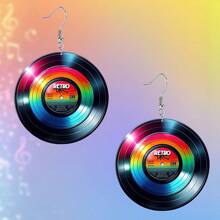 2D Flat Colored Guitar & Vinyl Record Music Festival Earrings - Boho Style 2D Flat Acrylic Cartoon Pendant With Zinc Alloy Hook, Lightweight And Durable Jewelry, Suitable For Concerts, Festivals, Casual Outfits - Perfect Gift For Music Lovers