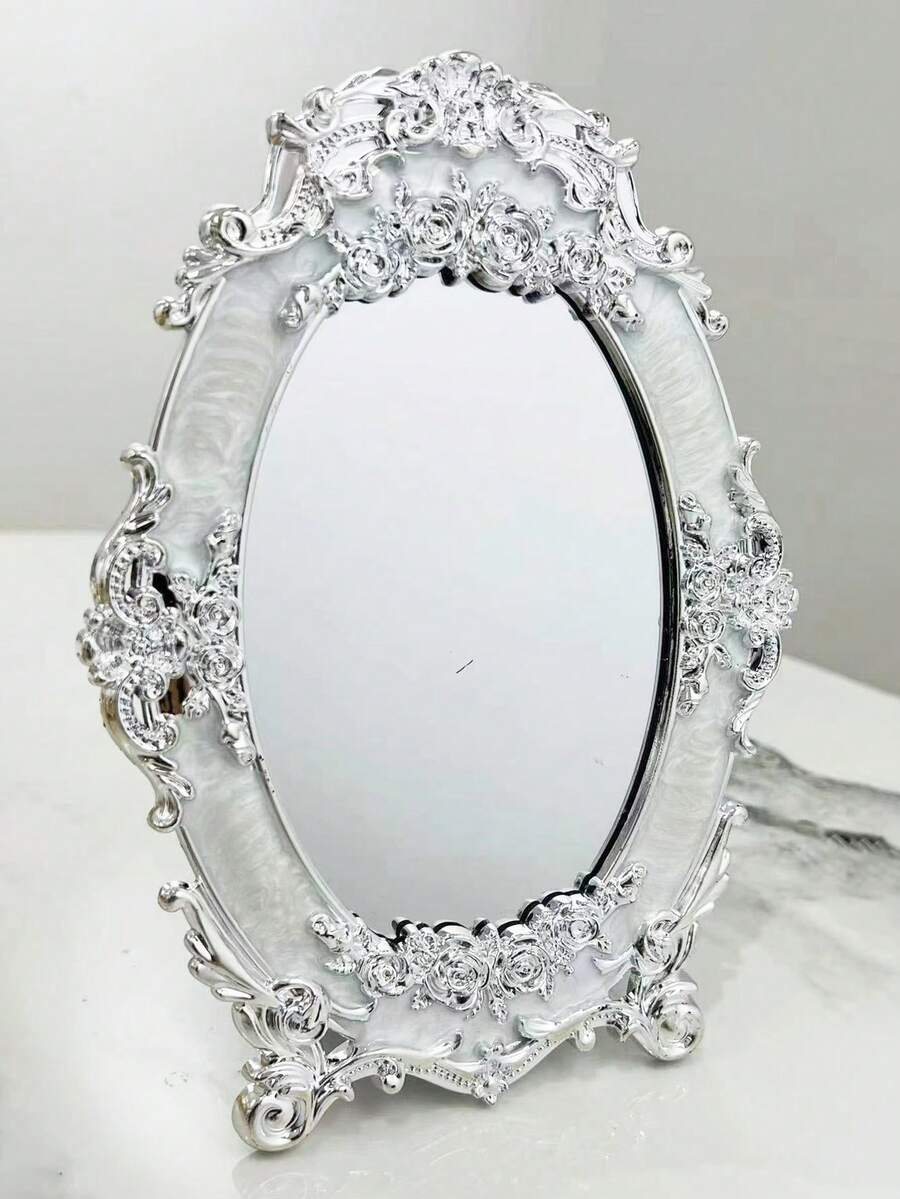 1pc 5*7inch Oval Plastic Decorative Mirror With European Carved Pattern, Minimalist Gold/Silver Tabletop Ornament