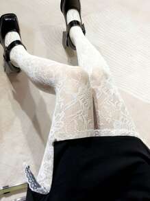 1 Stück Vintage französischer Blumen Rose Muster Fischnetz Strumpfhose, spitzenbesetzter weißer sexy schwarzer Fischnetz Strumpf für Frauen