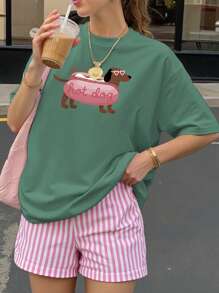 Estampado divertido de perro Oversize Blusa de manga corta de verano para mujer