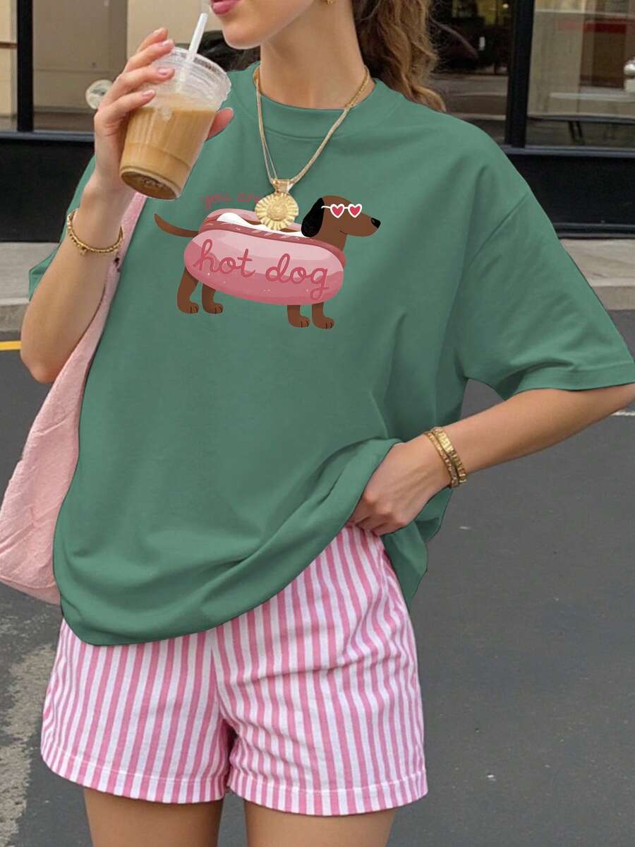 Estampado divertido de perro Oversize Blusa de manga corta de verano para mujer