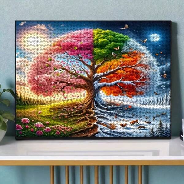 Un rompecabezas de 1000 piezas con temas de temporada mixtos de primavera, verano, otoño e invierno, con diseños exquisitos que incluyen flores de cerezo en flor, playas de verano, hojas de otoño coloridas y escenas nevadas de invierno