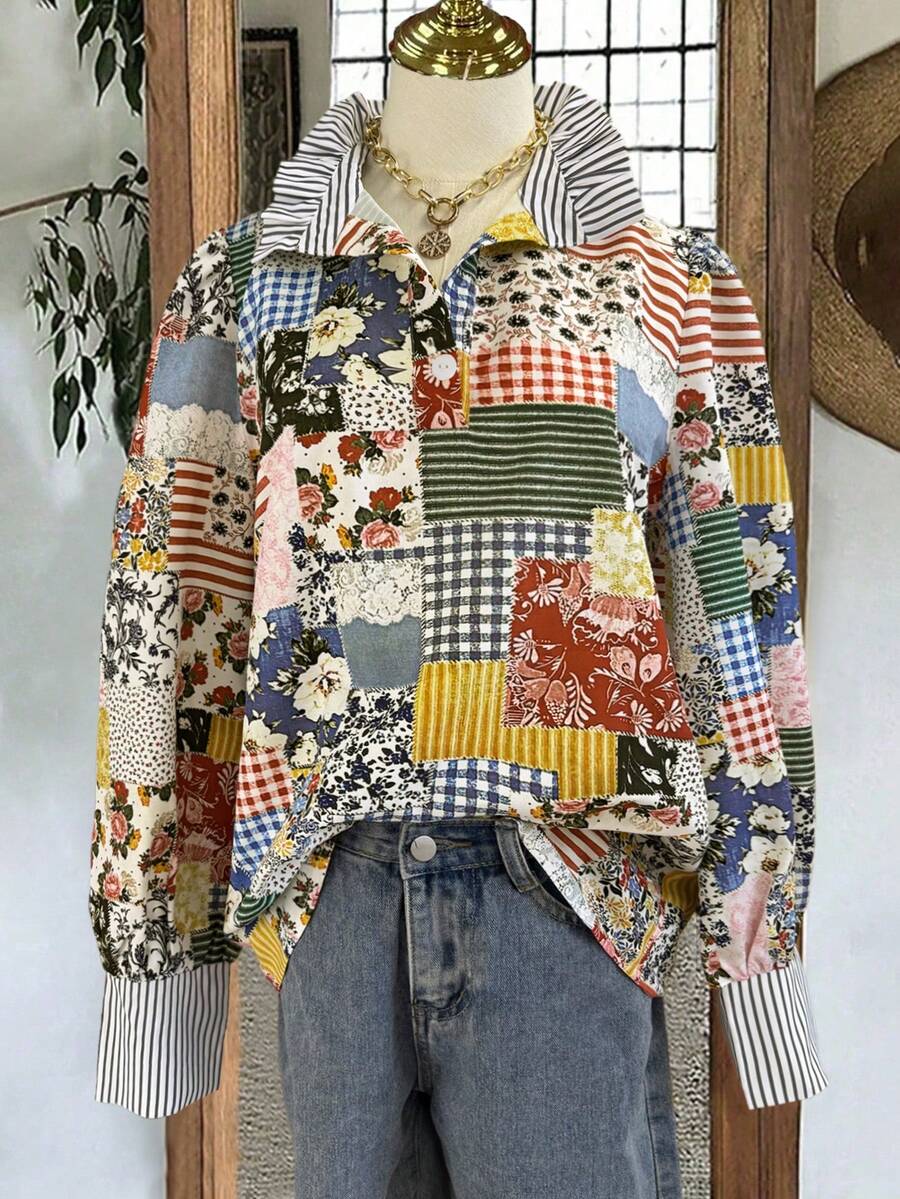 Elegant & Casual Pleated Plaid Patchwork Print Shirt For Autumn/Winter, Striped Collar & Cuffs, Long Sleeve Loose Shirt Vacation - Multicolor - View 1