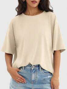 Speed mate Women's Loose Crew Neck Short Sleeve T-Shirt, Casual Shirt, Y2K 2024 Basic Tee, Summer - Beige - View 3