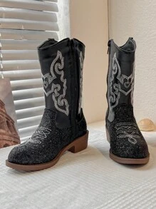 1 Pair Of Children's Flame Pattern, Glitter Trim, Faux Leather, Mid-Top Zipper, Low Heel, Western Cowboy Style, Boots, Everyday/Party Wear Children's Boots