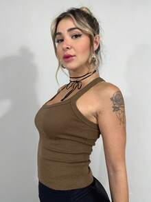 Women's Ribbed Cotton And Elastane Tank Top - 卡布奇諾 - 查看 2