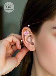 1 pieza Pendiente industrial de flor colorida y dulce con perla falsa, pendiente industrial de acero inoxidable con corazón rosa para mujer y hombre, piercing de cartílago y hélix, barra industrial de 38 mm (1 1/2 pulgadas) con lazo blanco para bodas, san valentín, navidad, fiestas, uso diario y salidas sociales