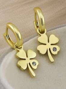 1 Pair Gold-Plated Four-Leaf Clover Rhinestone Earrings, Suitable For Daily Wear
