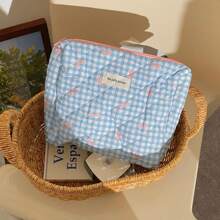 1pc SML Korean Style Plaid Bow Makeup Bag, Large Capacity Portable Travel Toiletry Organizer