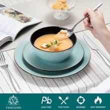 vancasso 16 Piece Relief Green Ceramic Tableware Set Including Plates, Desserts, Bowls, Mugs, 4-Piece Set Serving 4 People