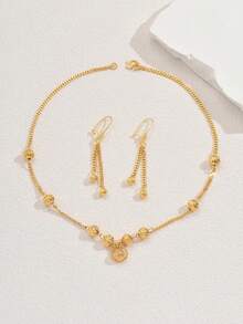 3 件套镀金几何串珠设计项链和耳环套装，适合女士派对、订婚佩戴 - 金色 - 查看 3