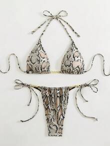 LUCKY HOLIDAY Fashionable Sexy Summer Beach Tie-Up Triangle Bikini Set With Leopard Print & Metal Chain Decor - Snake Pattern - View 4