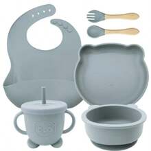 Set di alimentazione per bebè in silicone da 8 pezzi/6 pezzi/5 pezzi/4 pezzi/3 pezzi con piatto diviso con ventosa, prodotti per lo svezzamento, set di piatti per l'alimentazione autonoma di bebè/bambini piccoli con cucchiaio, forchetta, tazza con beccuccio, bavaglino regolabile, stoviglie per bebè