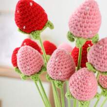 8pcs Handmade Crochet Strawberry Flower Bouquet, Red & Pink, Suitable For Home Decor, Holiday Decor, Valentine's Day & Birthday Gifts, Creative Present