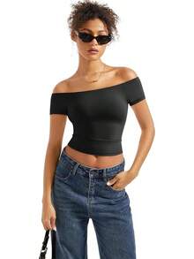 Women Double Lined Off Shoulder Tops Fitted Going Out Basic Shirts - Jet Black - View 5