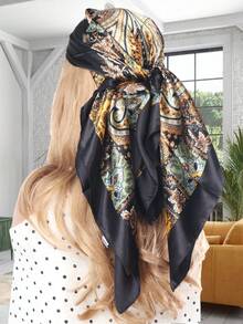 1 件女士黑色佩斯利图案 90x90 厘米方形真丝围巾，适合夏季旅行、海滩、街头风格 - 头巾、头巾、上衣 - 黑色佩斯利 - 查看 2