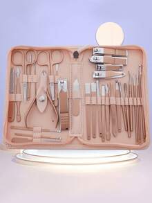 30 件经典美甲和修脚套装，含不锈钢指甲钳、角质层钳、镊子、指甲锉、凹形刀片边缘 - 无香型手部、足部、面部护理工具，PU 皮盒包装