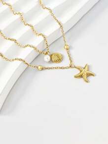 2pcs Seashell Necklace Set For Women 14K Gold Plated Adjustable Layered Starfish Seashell Faux Pearl Pendant Charm Necklace,Stacking Jewelry For Summer Beach Holiday,Summer Jewelry ,Everyday Wear,Birthday Gift,Friendship Gift