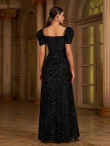 Missord Sweetheart Neck Puff Sleeve Sequin Formal Dress Black Elegant Prom Evening Wedding Guest Gown, For Graduation, Dinner Party Dress