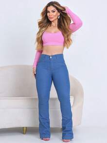 Kit 2 Women's Flare Jeans, High Waist, Shaping, With Elastane, Comfortable, Boot Cut - Azul-marinho/ Azul-claro - Xem 4