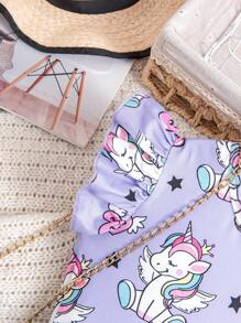 2 peças/Conjunto Camiseta de Manga Curta com Estampa de Unicórnio Adorável Tricotada e Saia de Denim com Estampa de Unicórnio para Meninas Jovens, Primavera/Verão